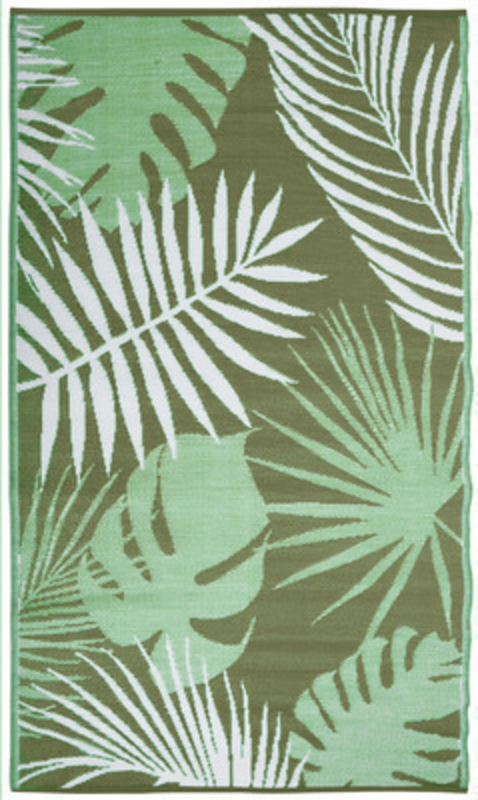 Fallen Fruits Tropical Leaf Garden Carpet Rug This beautiful green palm leaf garden carpet / rug is made by Fallen Fruits. This waterproof carpet is perfect for outdoor use in all weathers. Made using 100% Recycled Polypropylene - UV and frost resistant whilst being made from recycled materials an environmentally friendly addition to your outdoor space. Bring the comfort of your living room into your garden with this Samti rug being the perfect finishing flourish. Not only is this rug ideal for gardens but also can be taken to the beach/park/garden/camping/festivals or anywhere that you need to sit on the ground really. Dimensions 151 x 241 cm